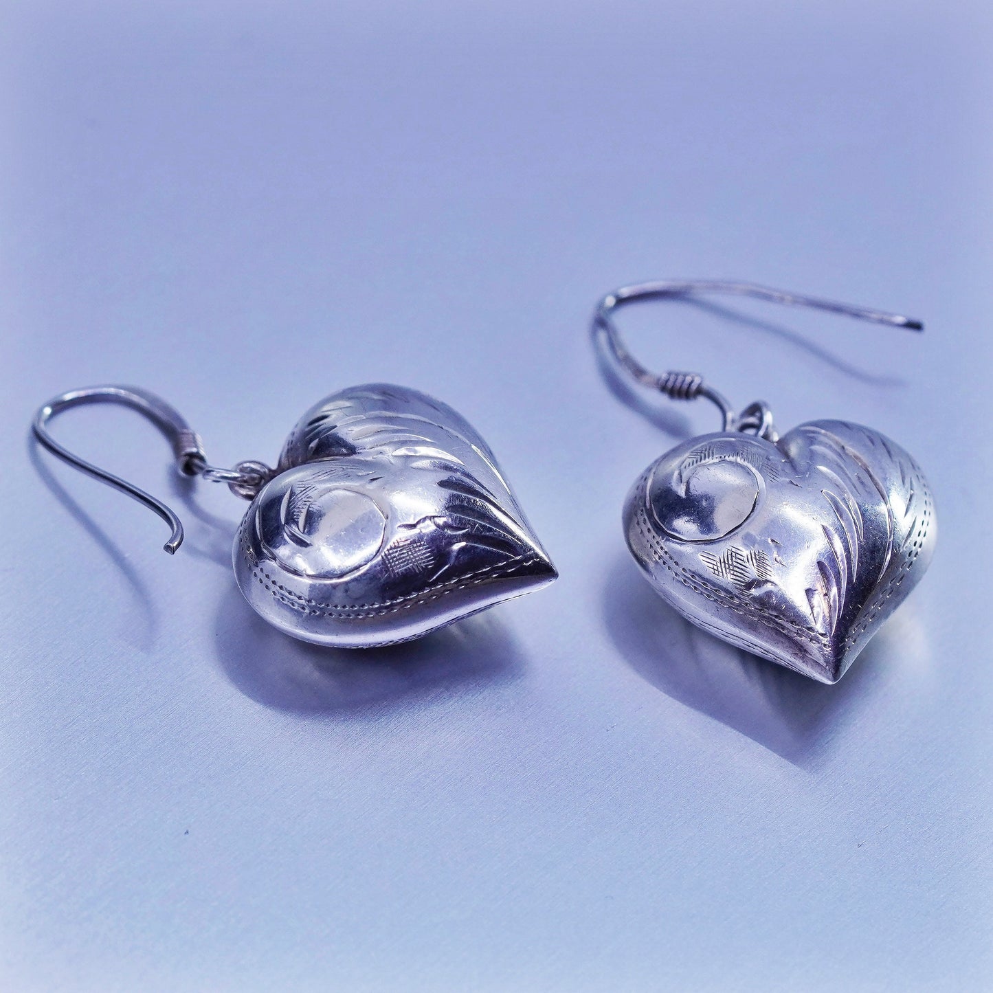Vintage Sterling 925 silver handmade earrings with puffy textured heart dangles