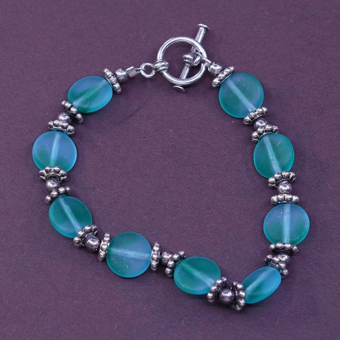6", handmade bracelet, 925 clasp with green glass bracelet, silver tested