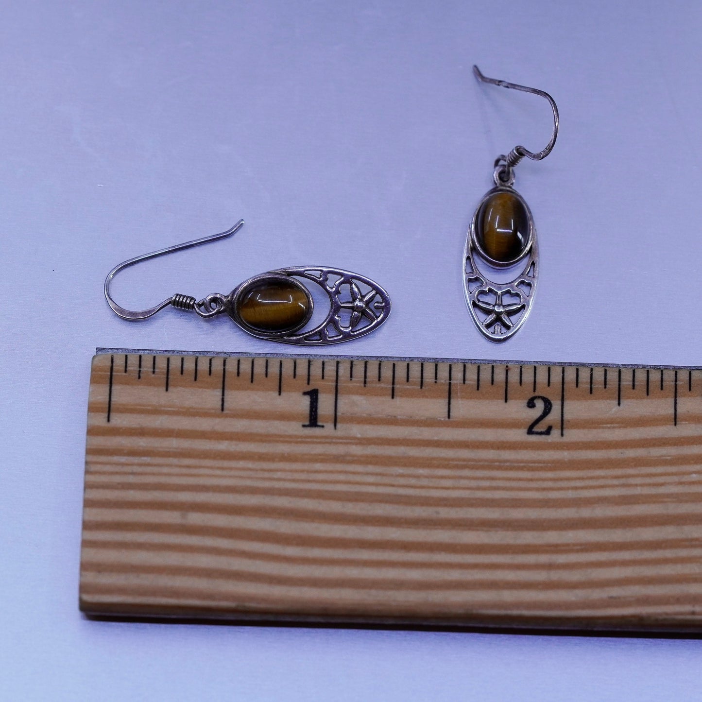 Vintage Sterling 925 silver handmade filigree earrings with golden tiger eye