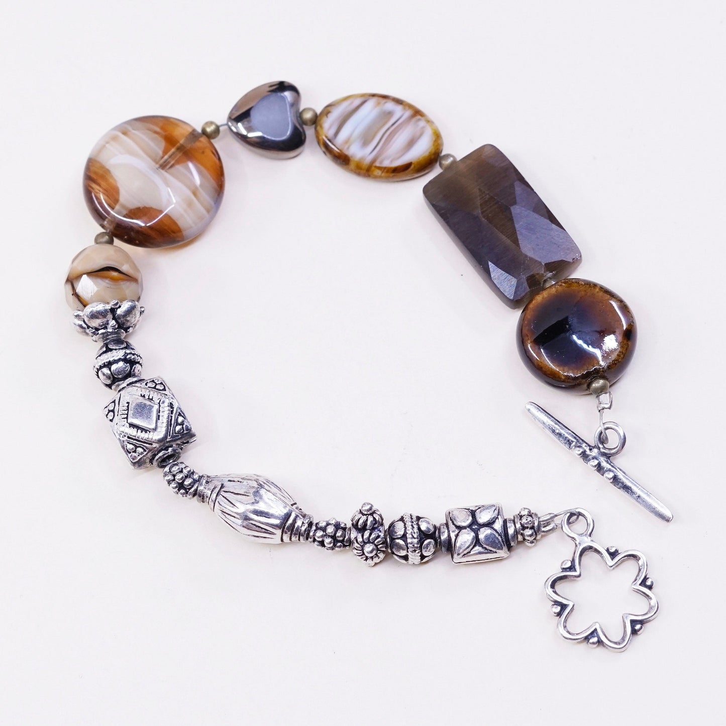 6.75”, 925 Sterling silver bar N beads bracelet with colorful artisan glass