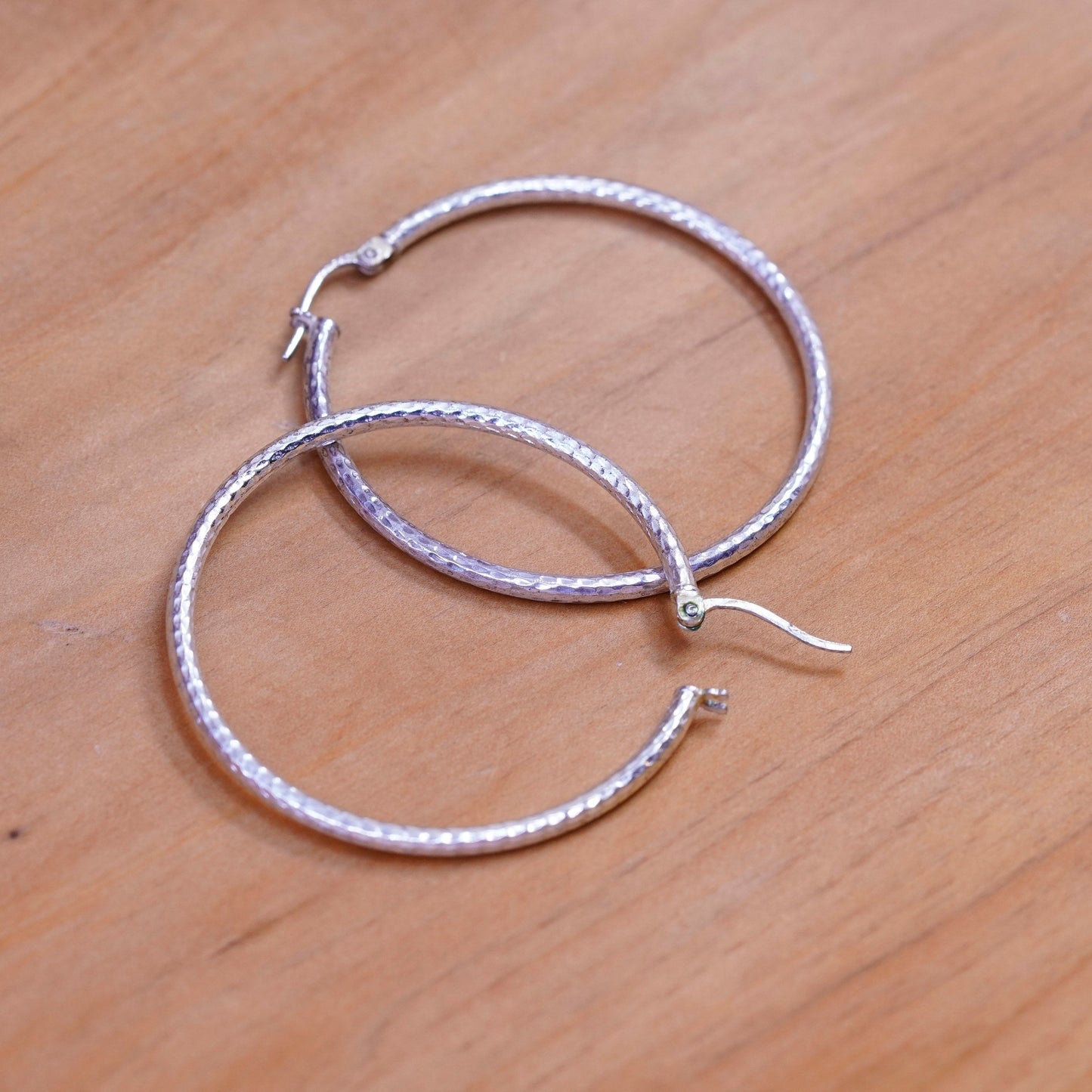 1.5”, vintage Sterling silver handmade earrings, textured 925 silver hoops