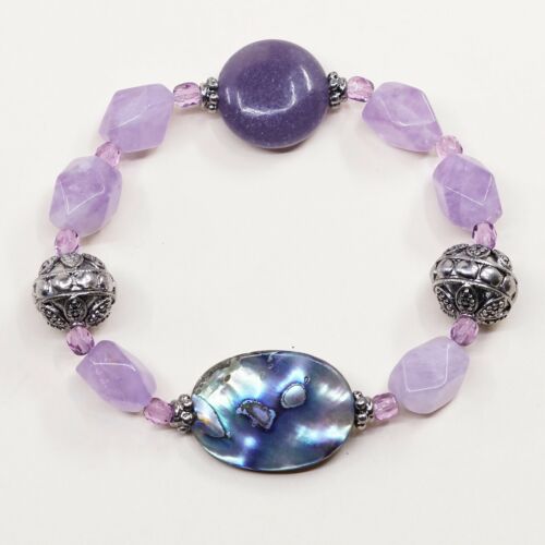7”, Vtg Amethyst Elastic Bracelet W/ Bali Sterling 925 Silver Beads N Abalone