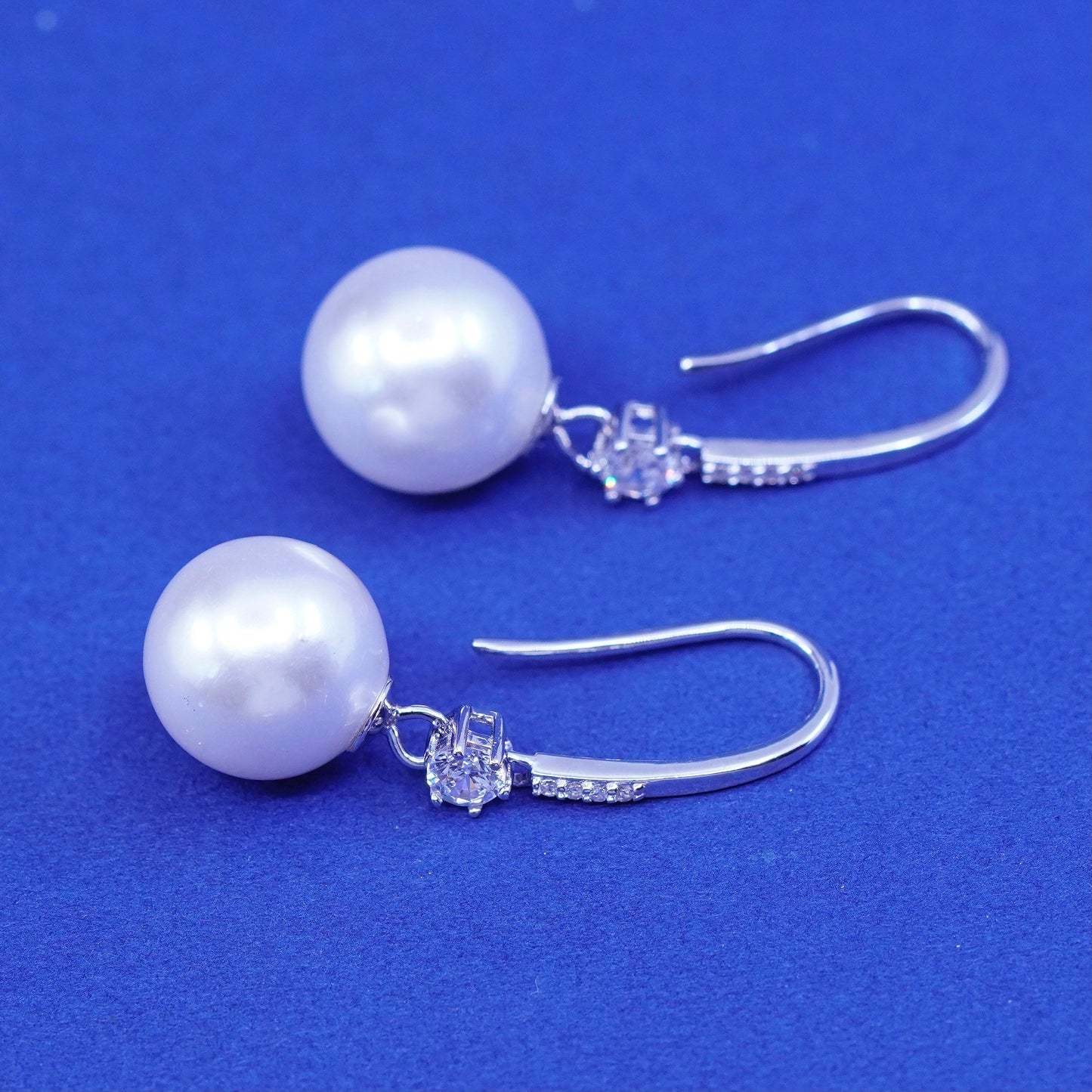 Vintage Sterling silver handmade earrings, 925 hooks with pearl and Cz
