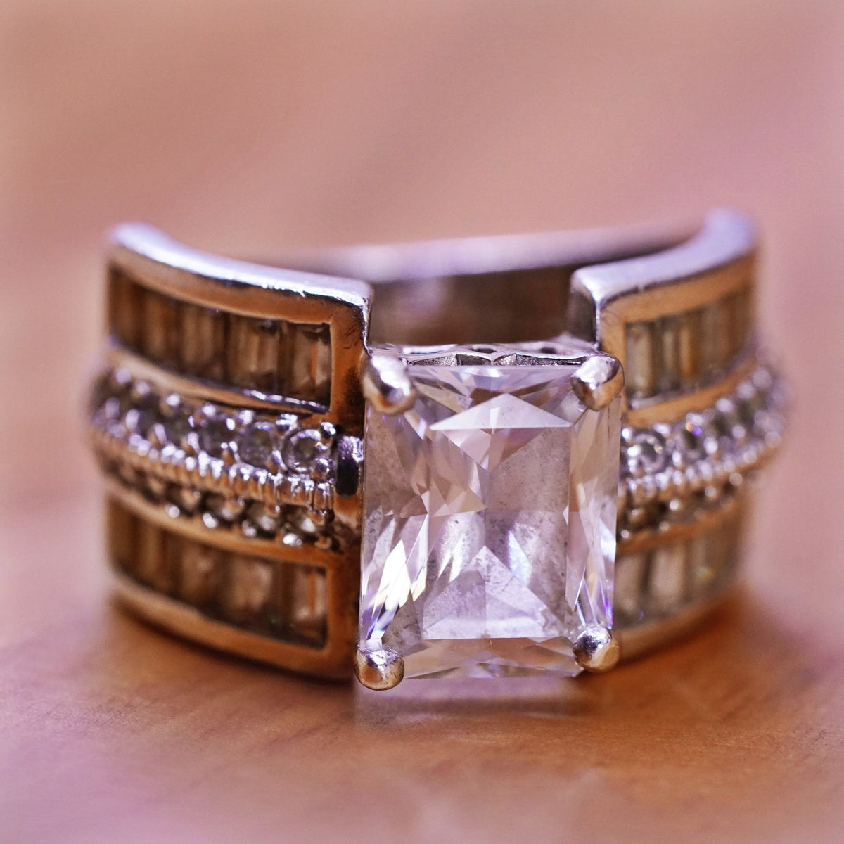 Size 6, vintage Sterling 925 silver engagement ring with cluster cz