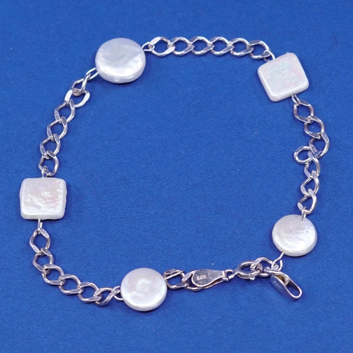 7.75", vtg Sterling silver handmade bracelet, 925 clasp w/ pearl beads