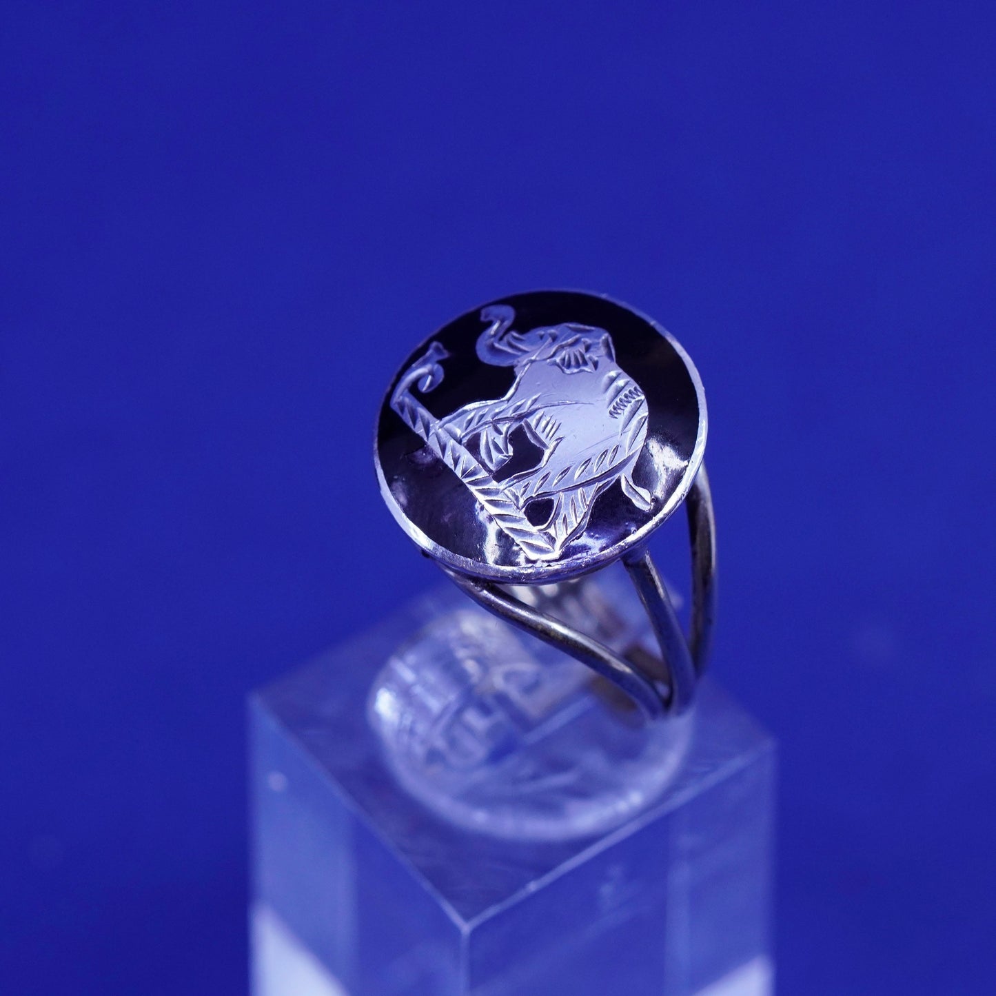 Size 7.25, vintage silver tone handmade ring, 925 elephant band with black enamel