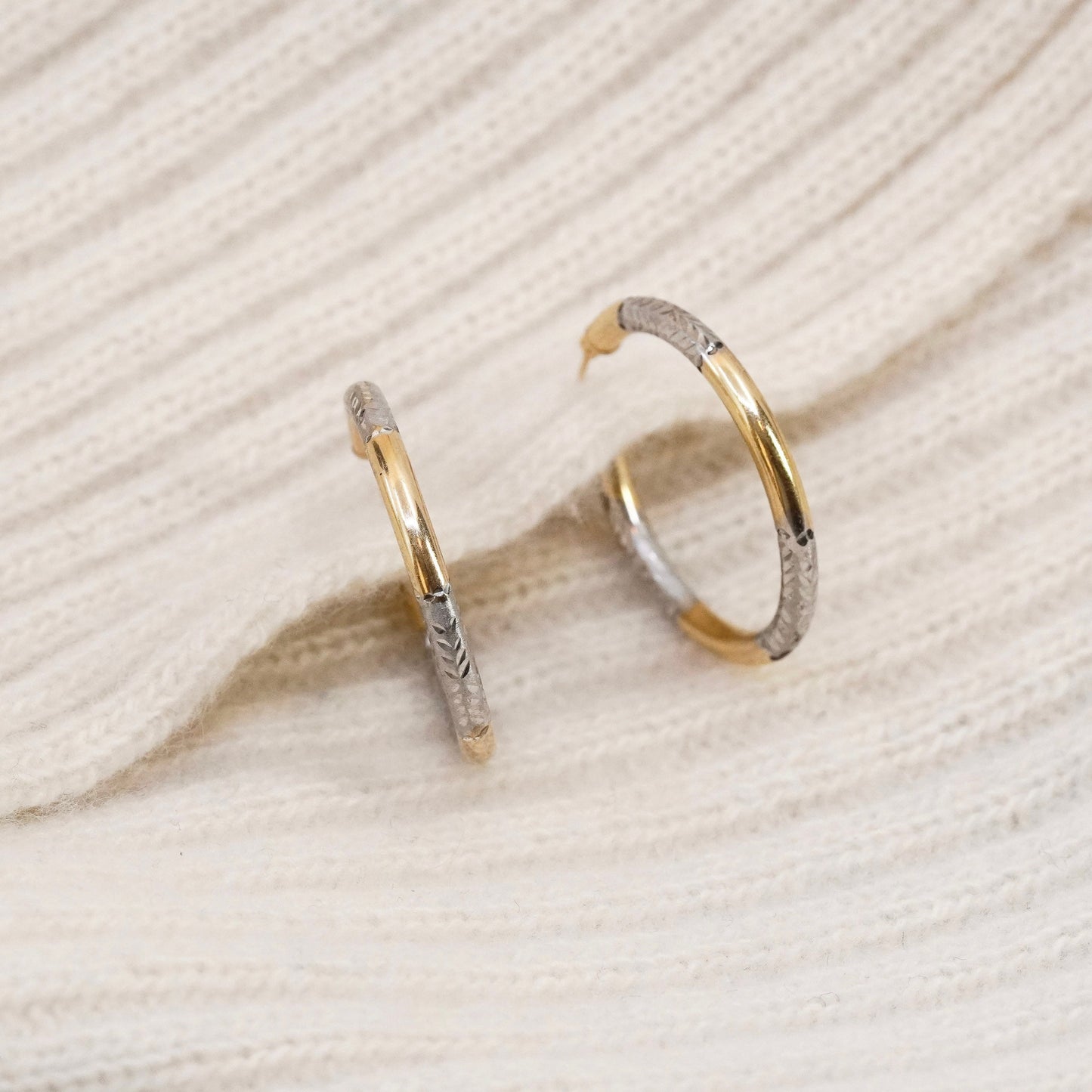 1.25”, Vintage vermeil 1/20 10K gold sterling silver earrings, textured hoops