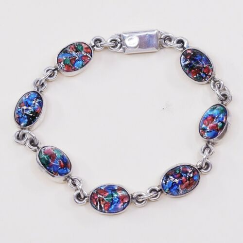 8”, Vtg Sterling Silver Handmade Bracelet, 925 Link W/ Colorful Foiled Glass
