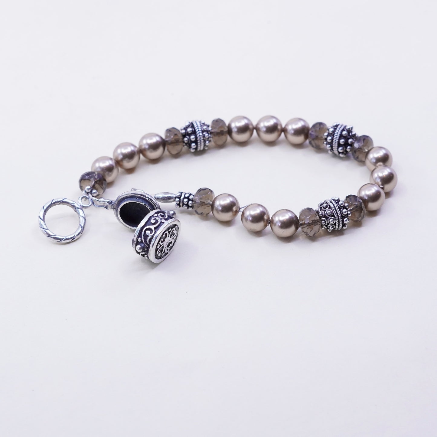 7”, Sterling silver handmade bracelet, 925 beads faux pearl smoky topaz beads