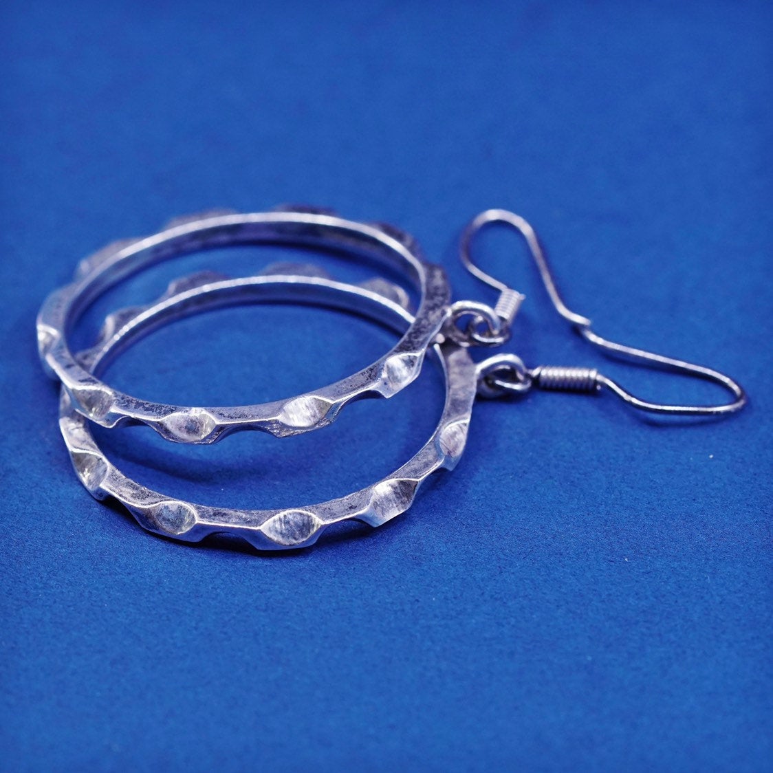 1.25”, vtg Sterling silver handmade earrings, mexico 925 gear hoops