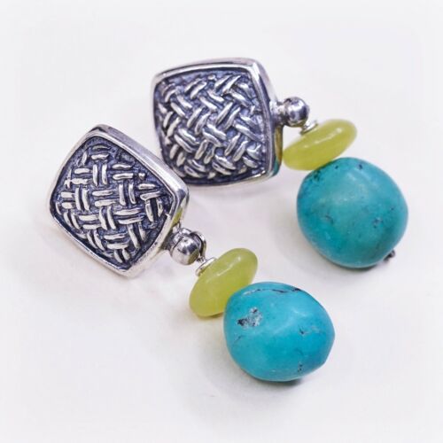 Vtg handmade Sterling 925 Silver Textured earrings W/ Jade N Turquoise Beads