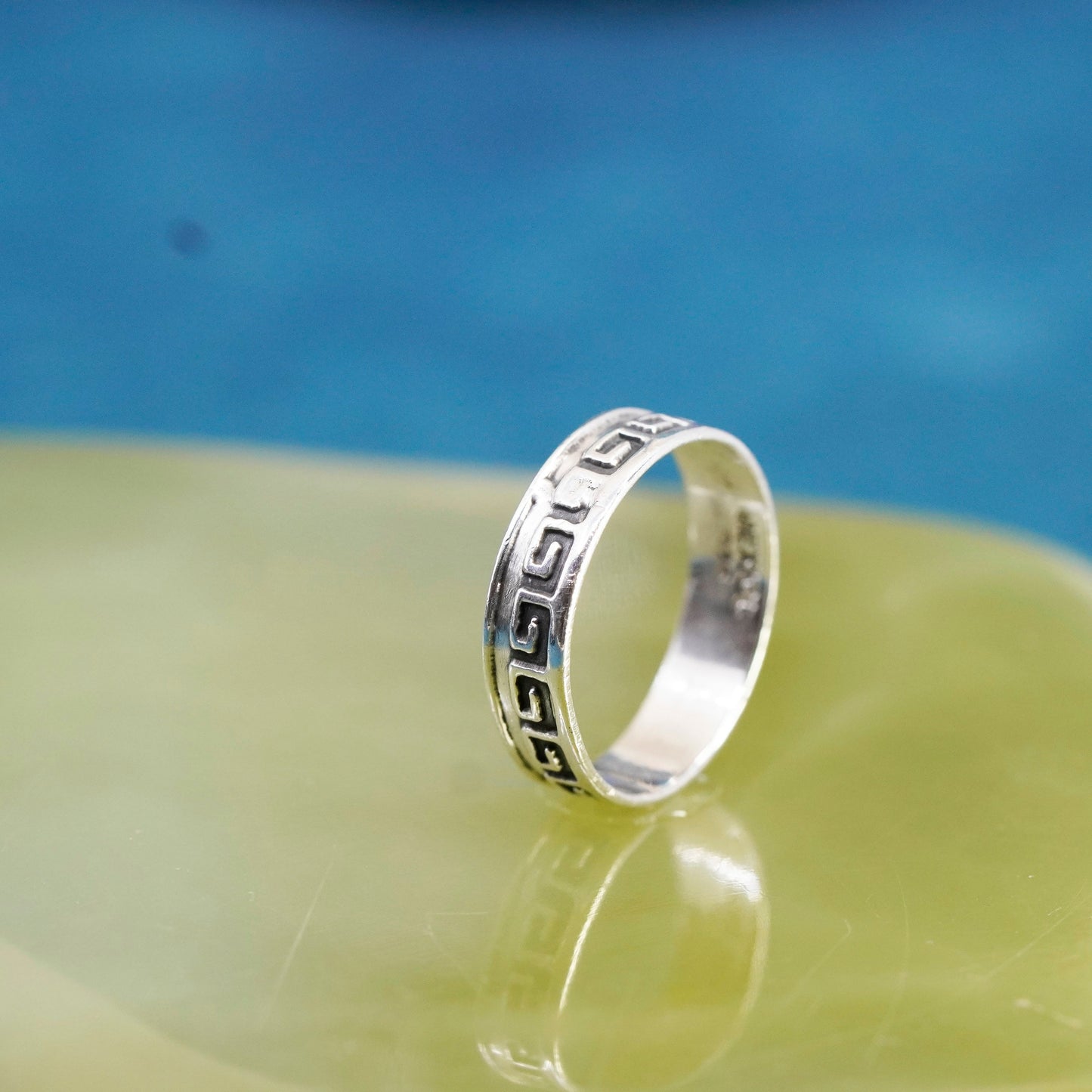 Size 7, vintage Sterling silver handmade ring, 925 band with Greek key pattern