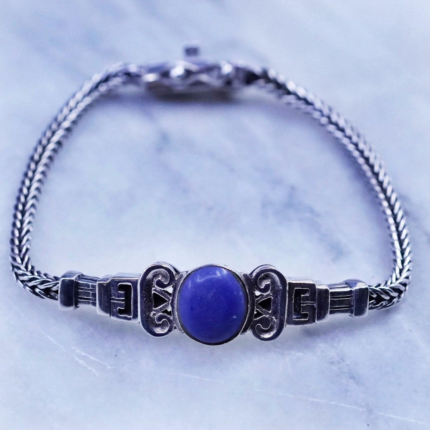 6.75”, vintage Sterling silver handmade bracelet, bold 925 wheat chain sodalite