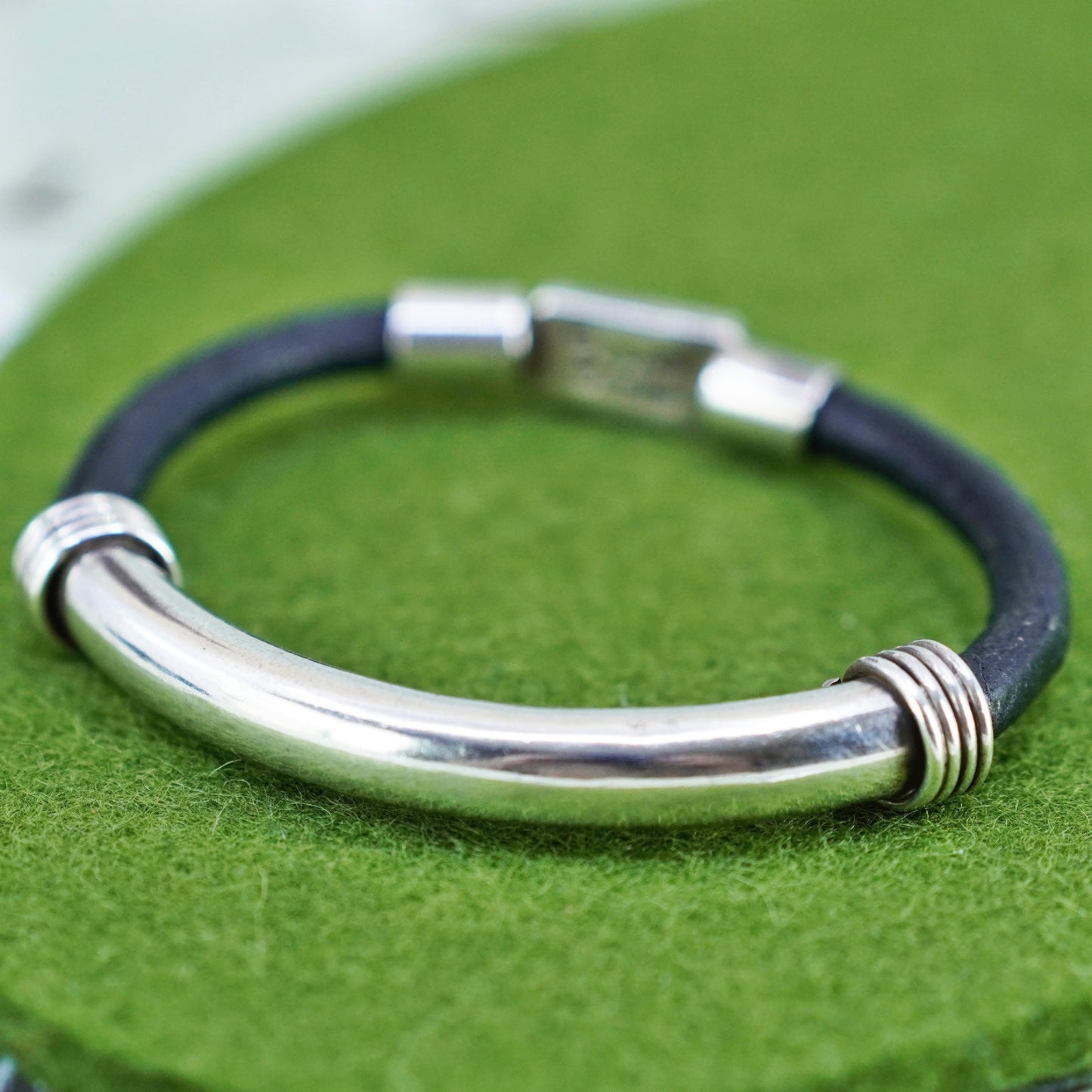 6.5”, Vintage black leather chain bracelet with sterling 925 silver slide bar