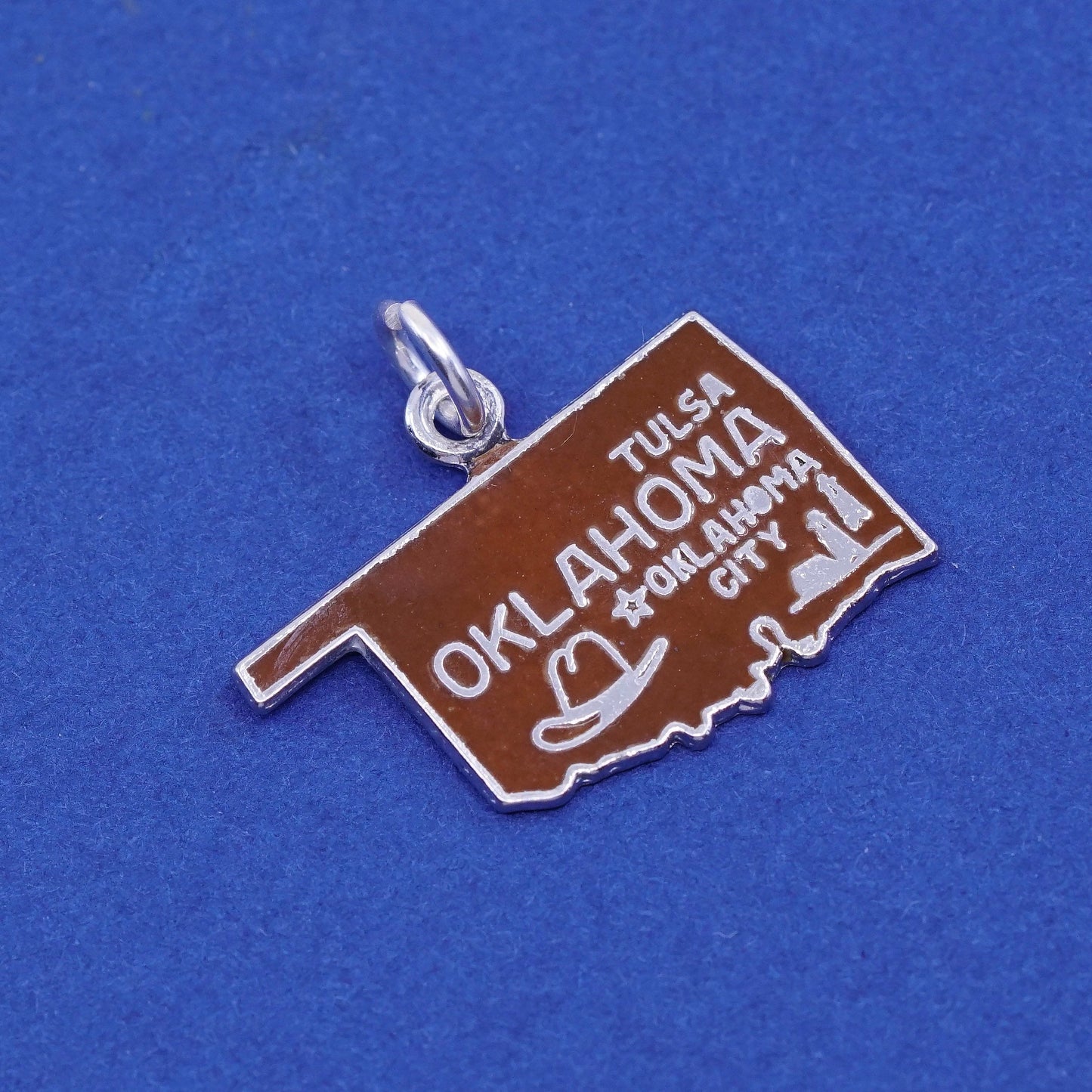 Vintage Sterling silver handmade pendant, 925 Oklahoma red enamel charm