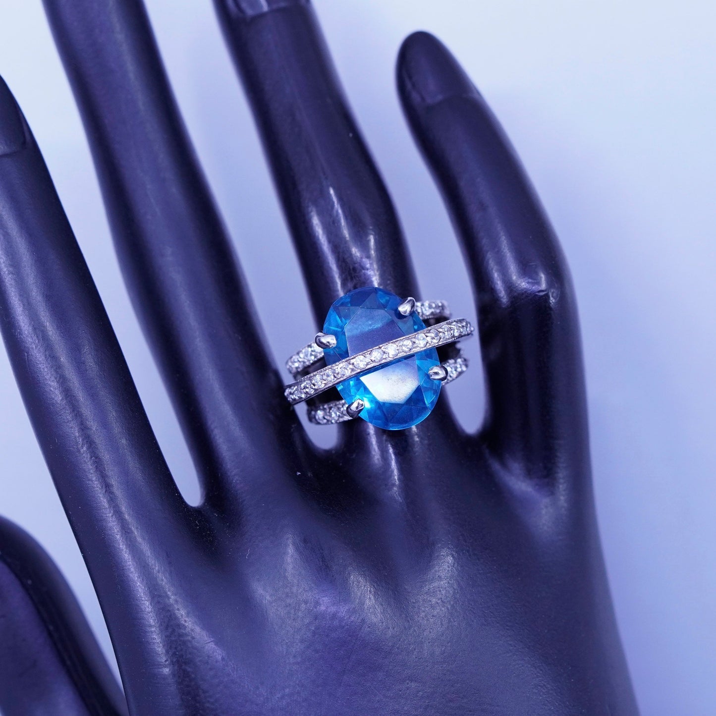 Size 6, vintage Sterling 925 silver handmade ring with topaz and cz around