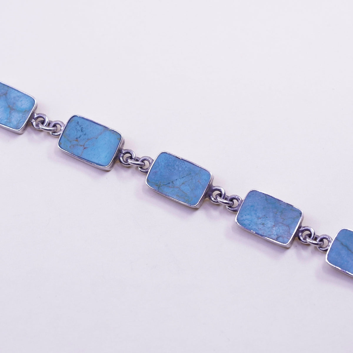 7.25”, vtg Sterling silver handmade bracelet, Mexico 925 chain square turquoise