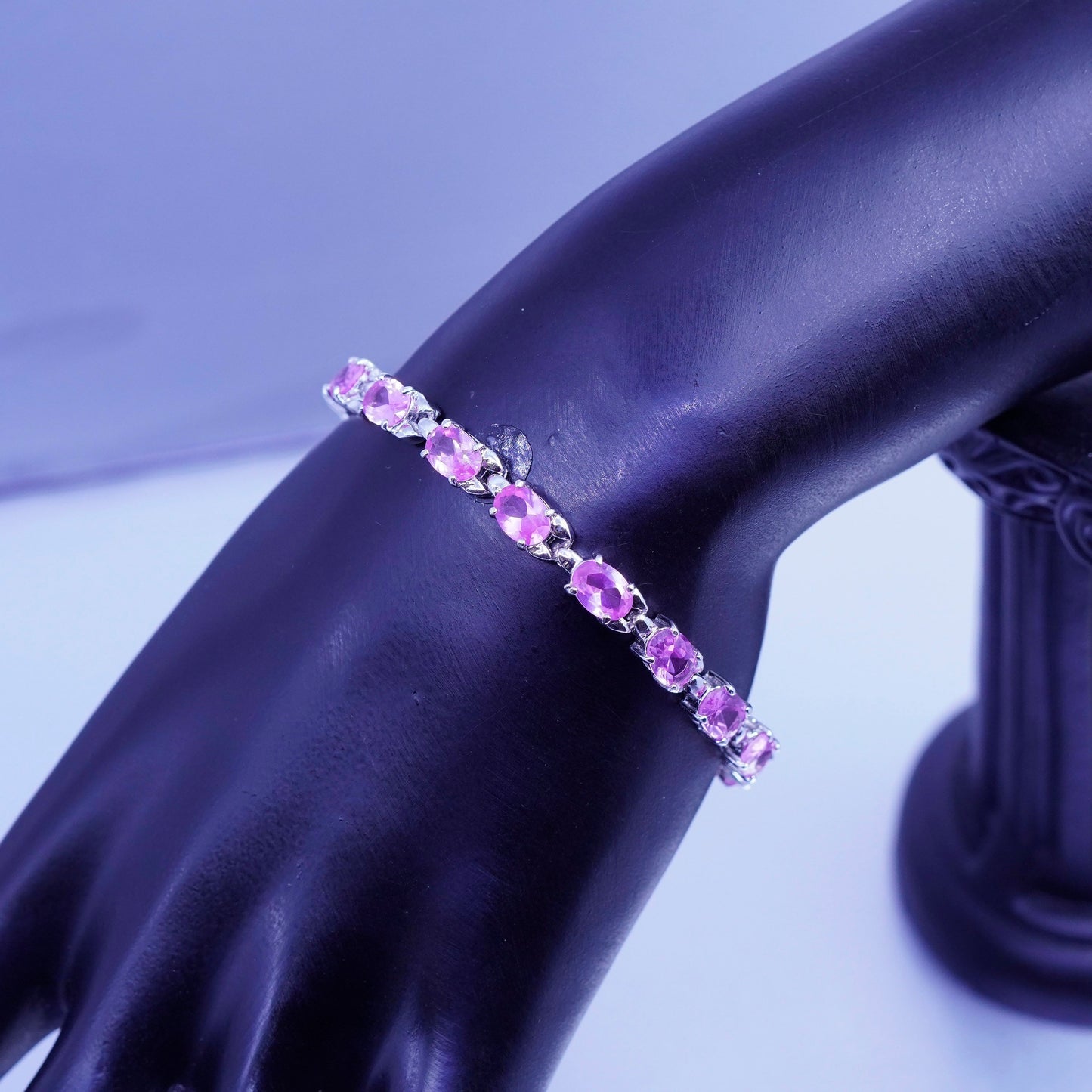 7”, Vintage Sterling 925 silver tennis bracelet chain with pink crystal