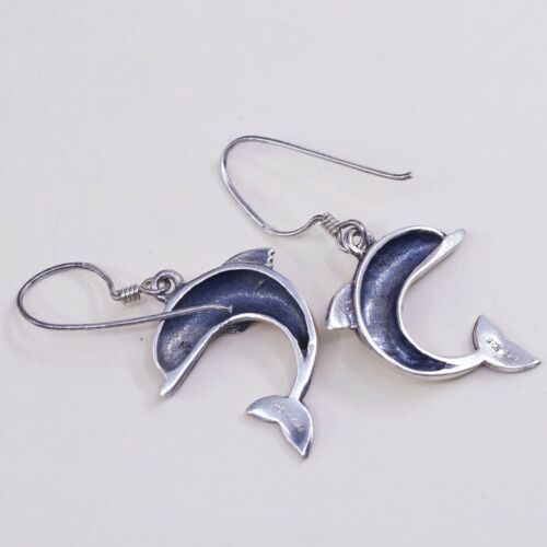 Vintage Sterling 925 Silver Handmade Dolphin Fishy dangle earrings, Stamped 925