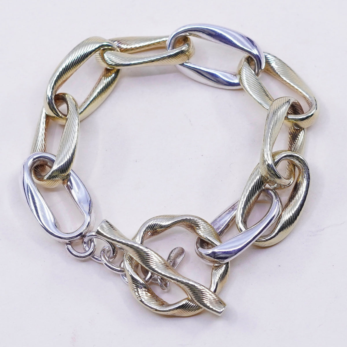 6.25”, vtg India two tone sterling 925 silver puffy textured circle bracelet
