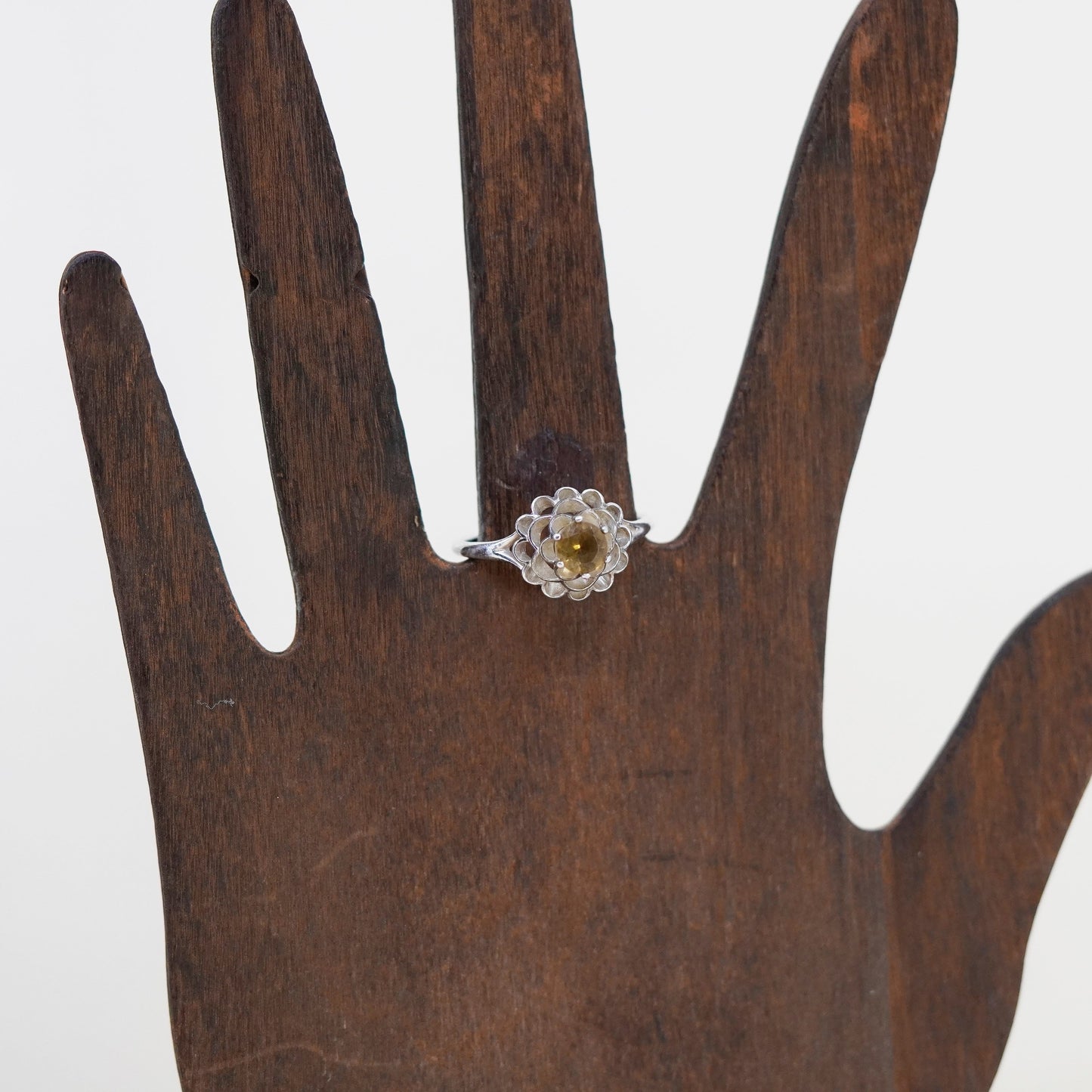 Size 10.25, vintage Sterling 925 silver handmade crown flower ring with citrine