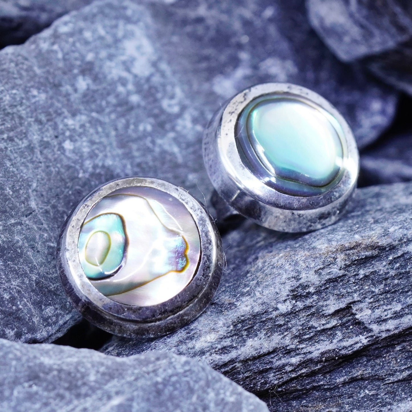 Vintage sterling silver handmade earrings, 925 round studs with abalone