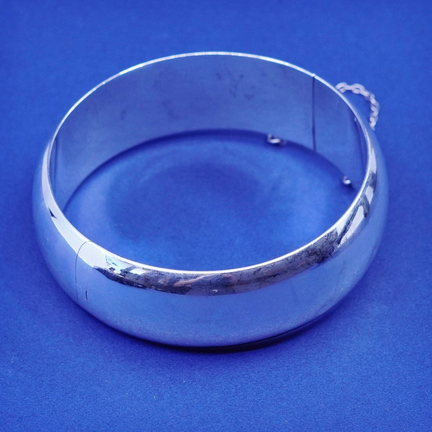 7”, vtg sterling silver handmade bracelet, wide high polish 925 hinged bangle