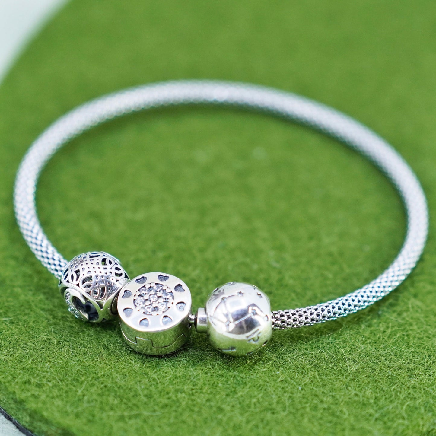 7”, vintage Sterling silver bracelet, 925 bangle with 3 beads charm