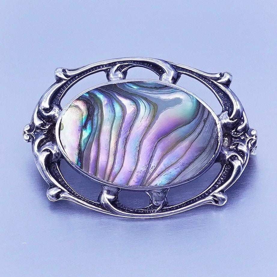 Vintage Sterling 925 silver handmade brooch, pin with abalone