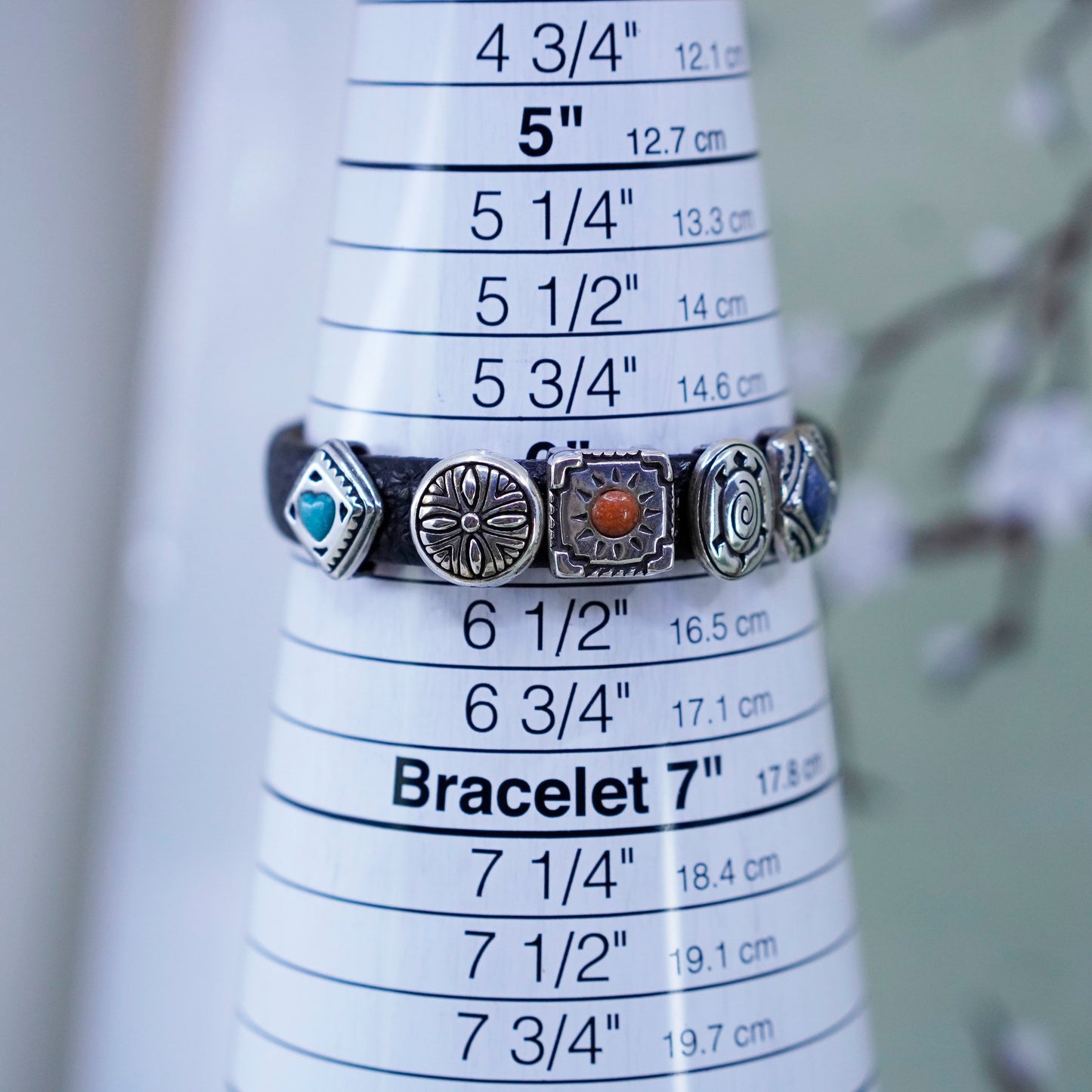 6”, vtg prerogatives black leather bracelet, sterling 925 silver charms clasp