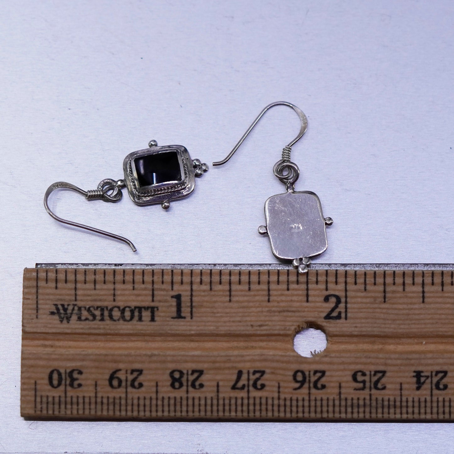 Vintage Sterling 925 silver handmade rectangular earrings with obsidian