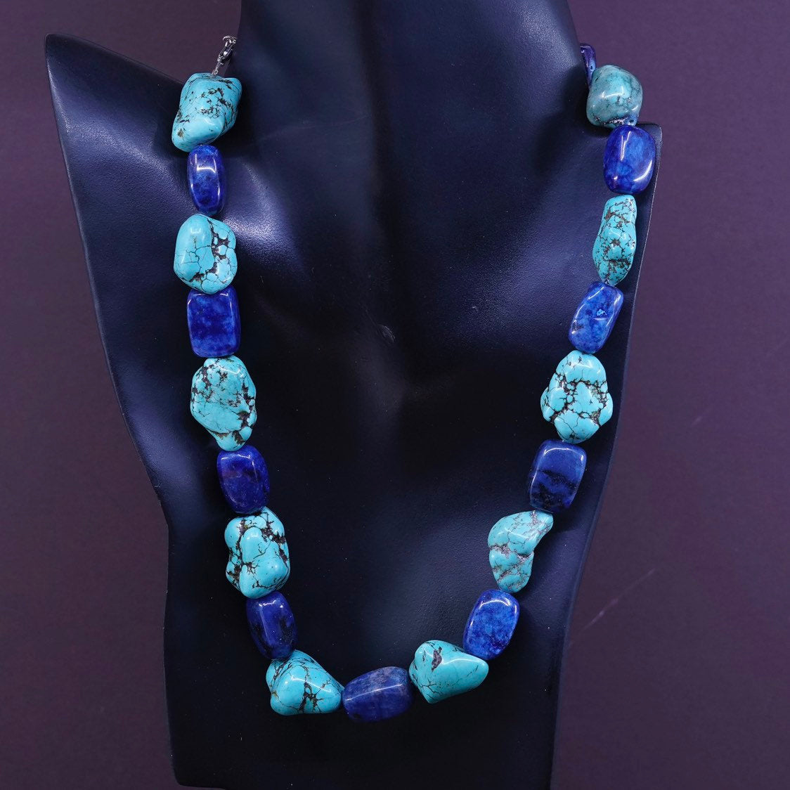 20+2”, Sterling 925 silver handmade necklace w/ nugget turquoise sodalite beads