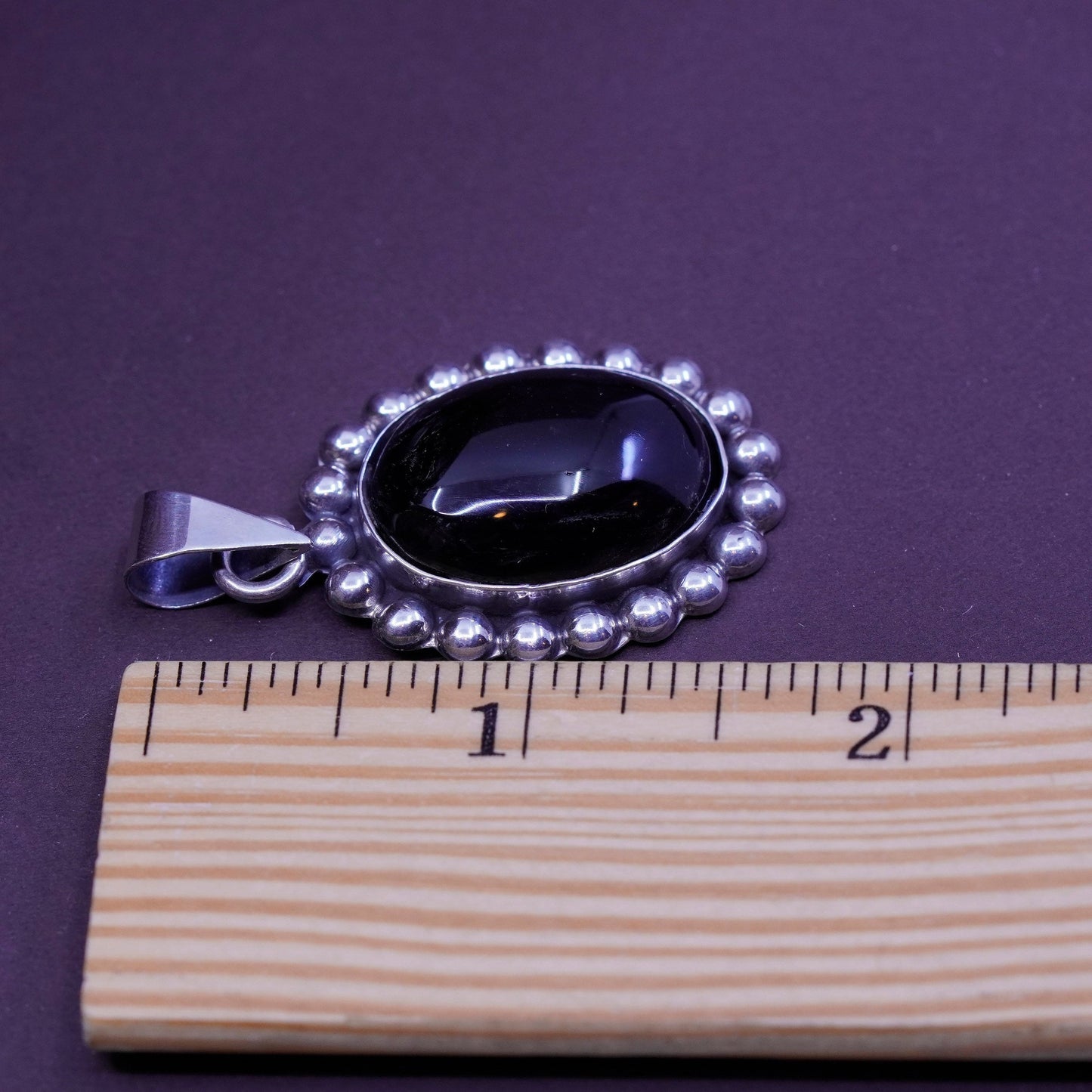 Vintage Sterling silver handmade pendant, Mexico 925 with oval onyx and beads