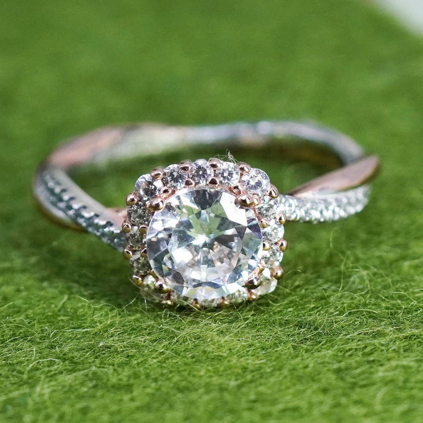 Size 6, two tone Sterling 925 silver engagement ring with emerald CZ cluster cz