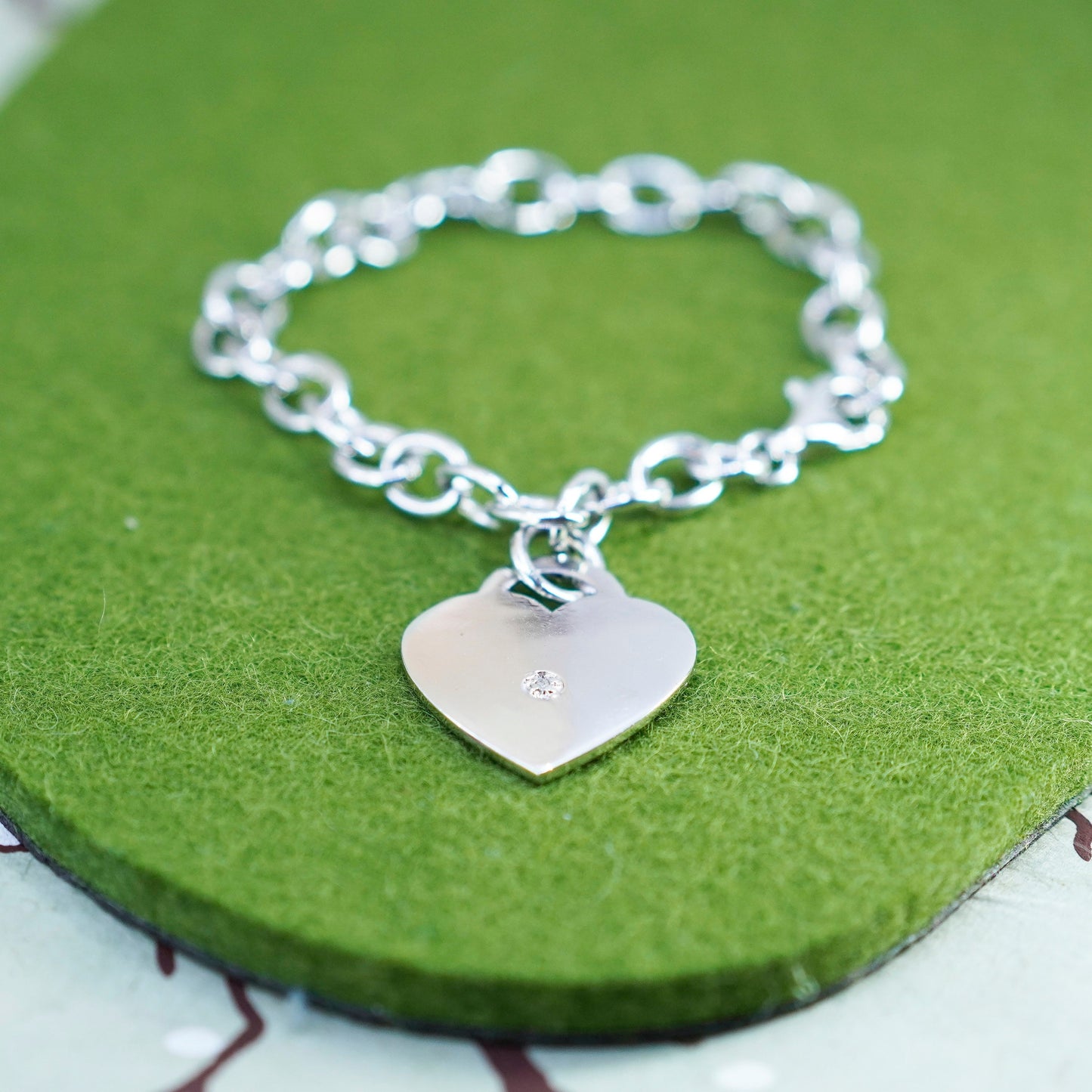 6.75”, sterling silver bracelet, bold 925 circle chain with heart charm diamond