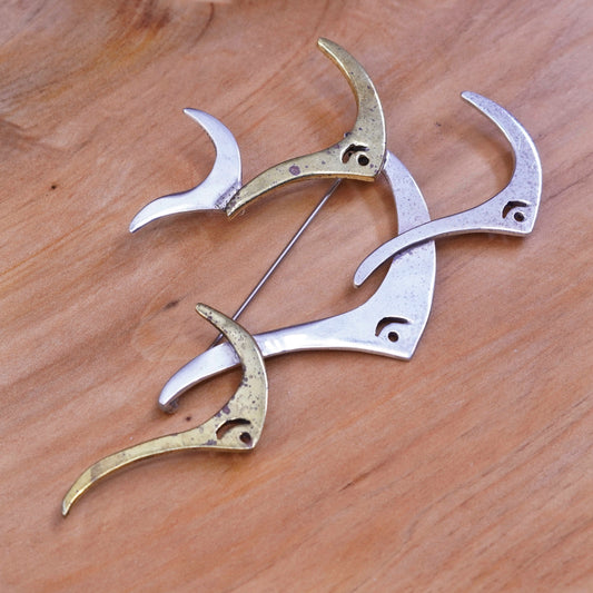 Vintage two tone Mexico sterling 925 silver brass handmade pin, 925 fish brooch