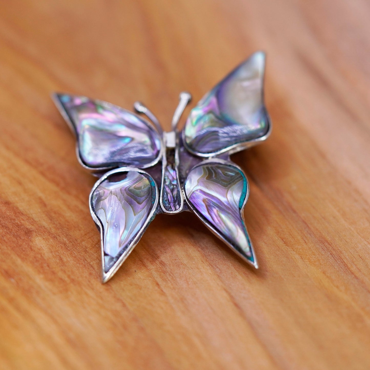 Vintage antique Mexico alpaca silver butterfly brooch with abalone inlay