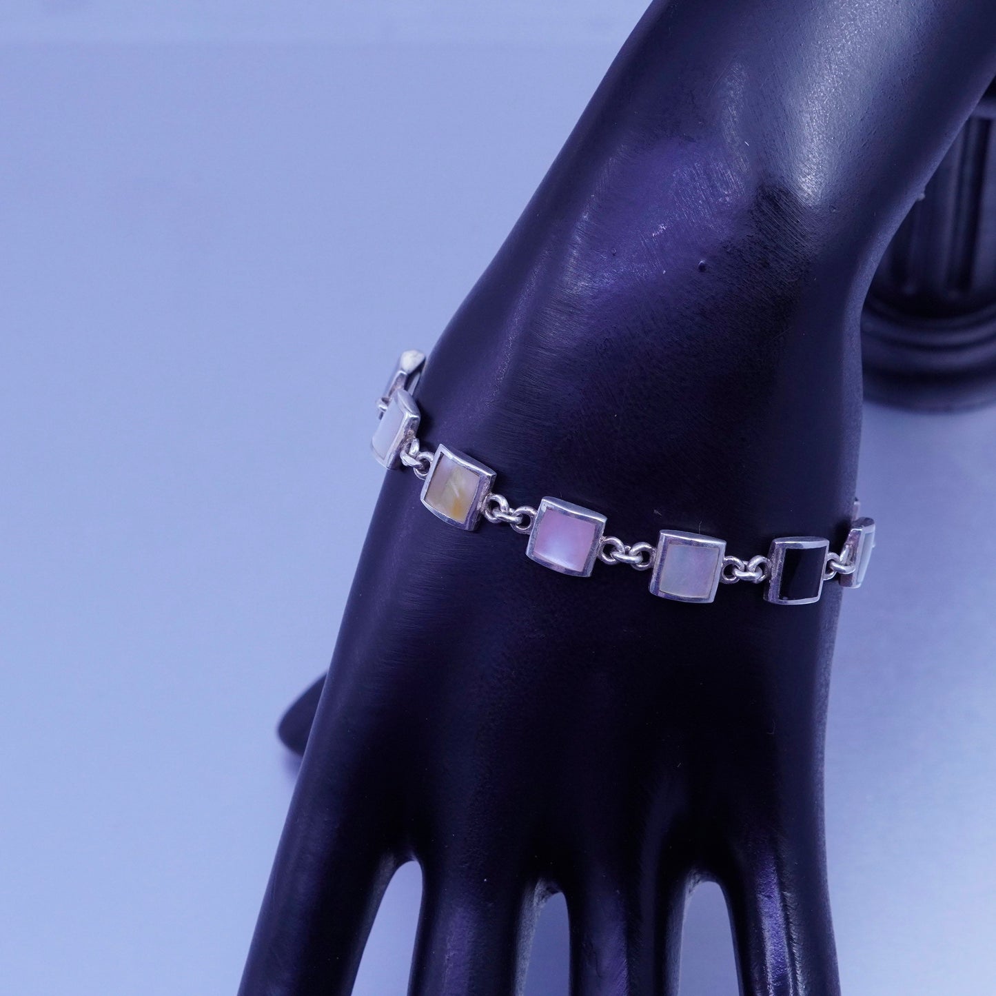 7”, Sterling 925 silver tennis bracelet chain with mother of pearl and obsidian