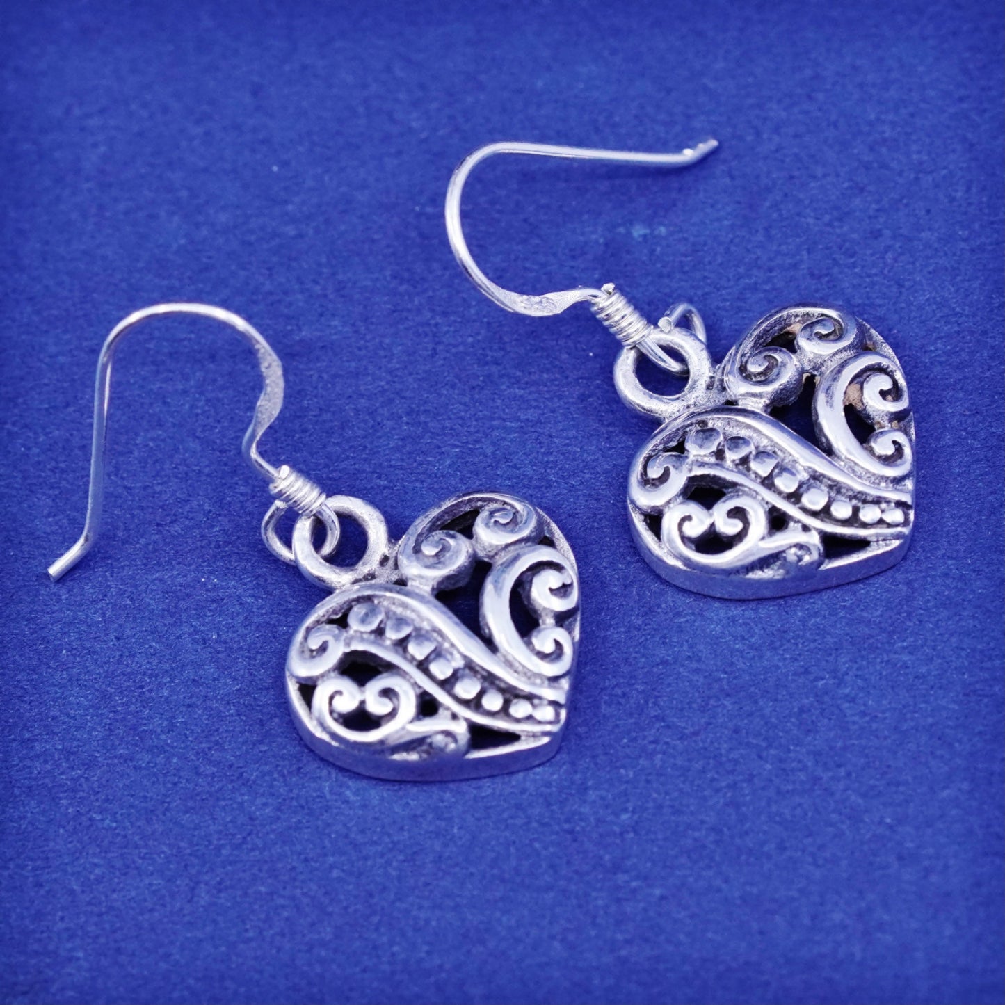 Vintage Sterling silver handmade earrings, 925 Bali filigree heart drops