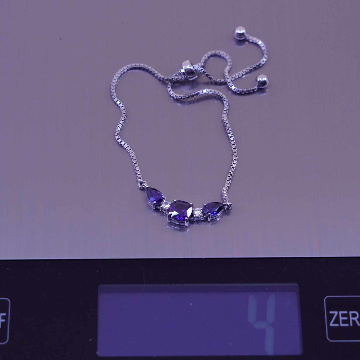 Size adjustable, Vintage sterling silver bracelet, 925 box chain with amethyst