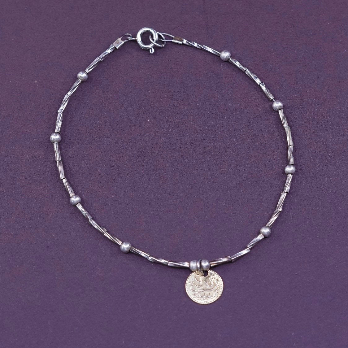 8.75", vtg Sterling silver bracelet, Italy 925 bar w/ beads chain gold charm