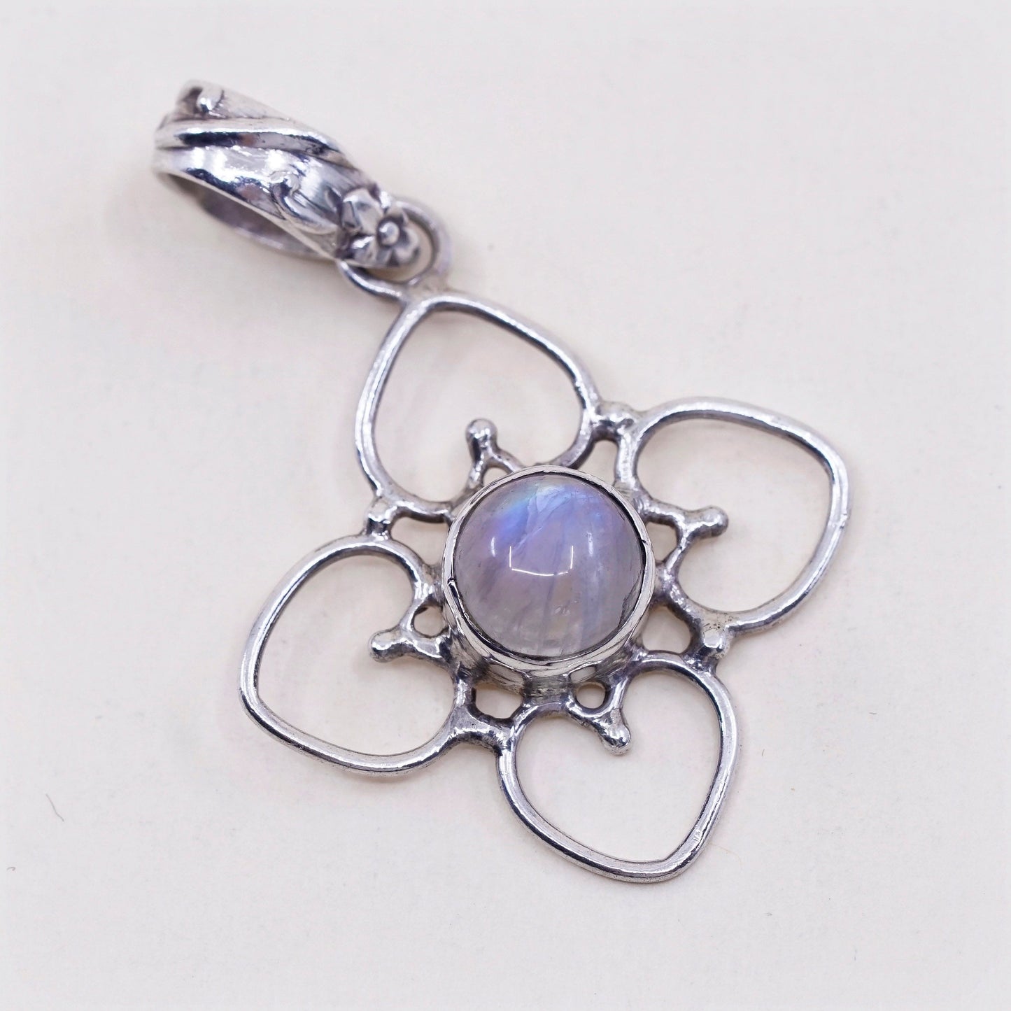 Vintage Sterling silver handmade pendant, 925 flower with round moonstone