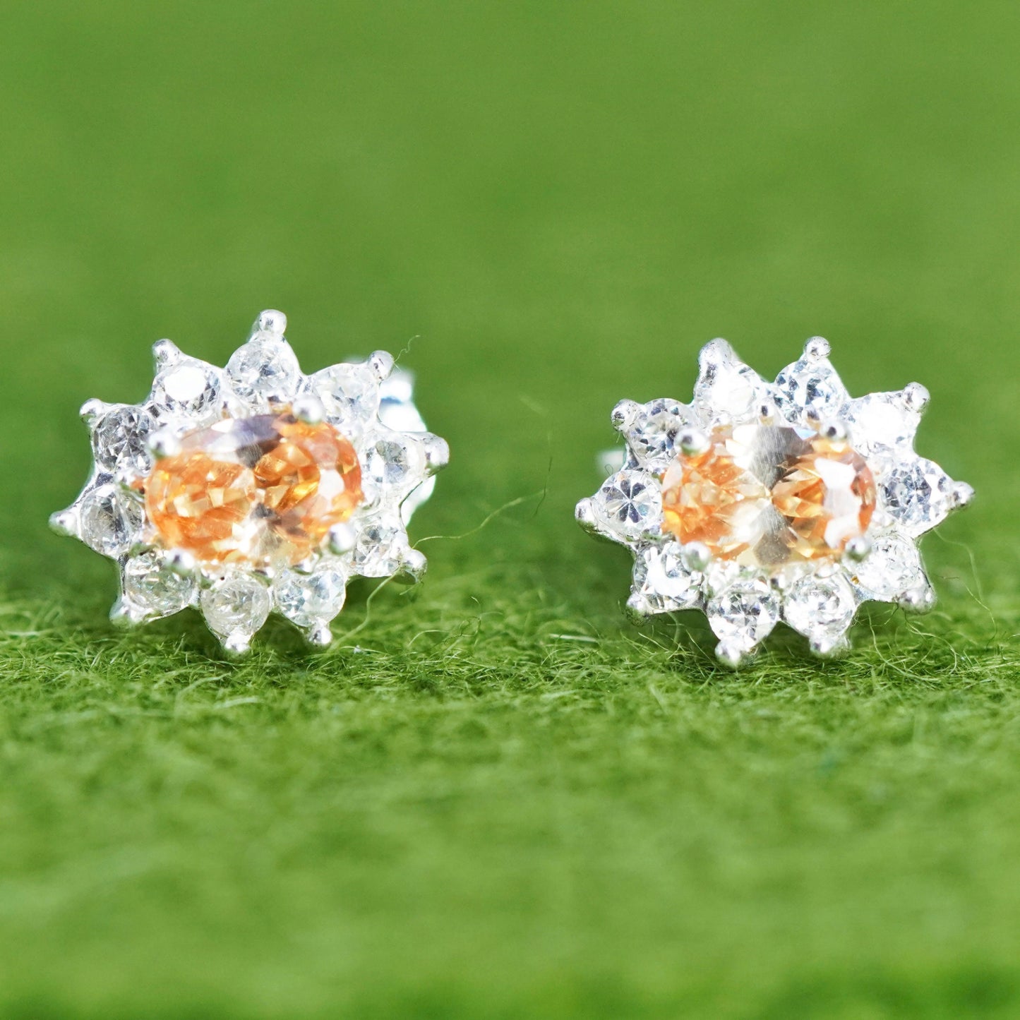 Vintage sterling silver studs earrings with citrine and cz, fashion earrings