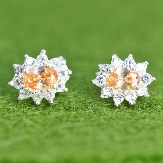 Vintage sterling silver studs earrings with citrine and cz, fashion earrings