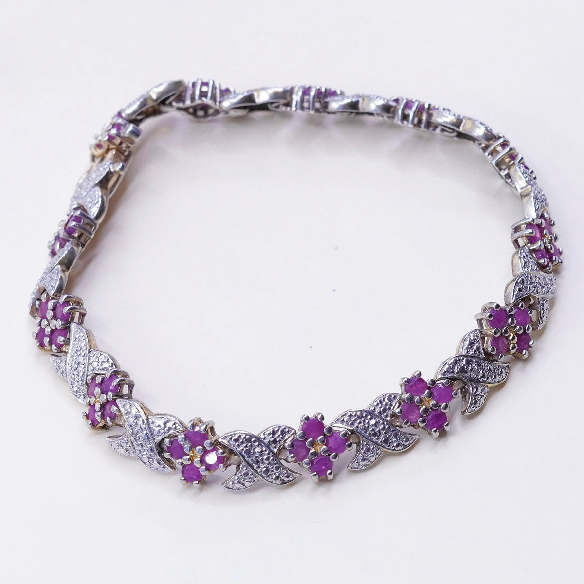 7.5”, vermeil gold over Sterling 925 silver tennis bracelet ruby flower diamond