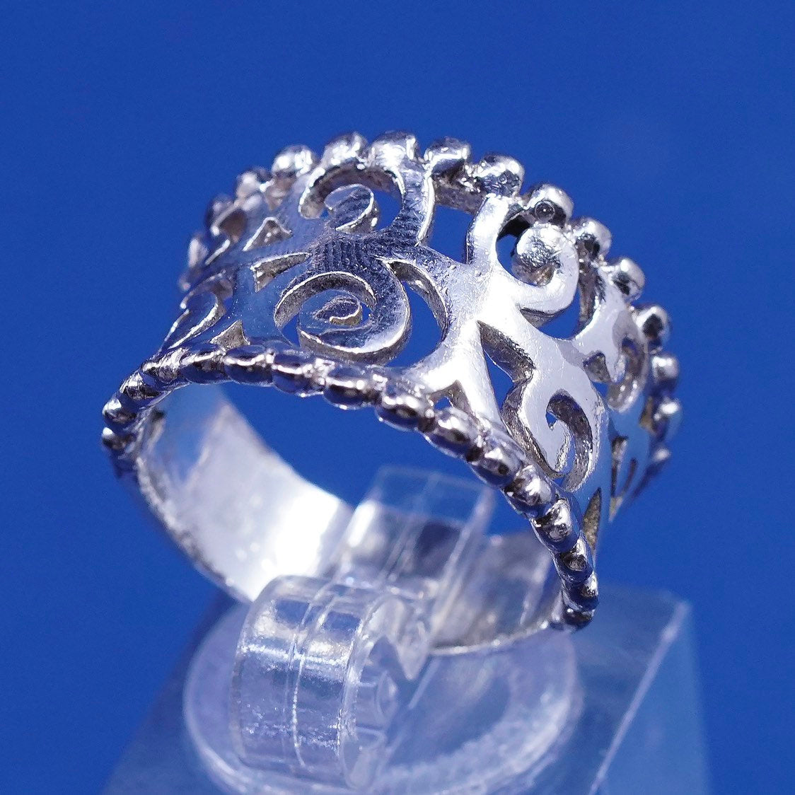 sz 6.75,vtg Sterling silver handmade ring, 925 wide band w/ swirl N beads