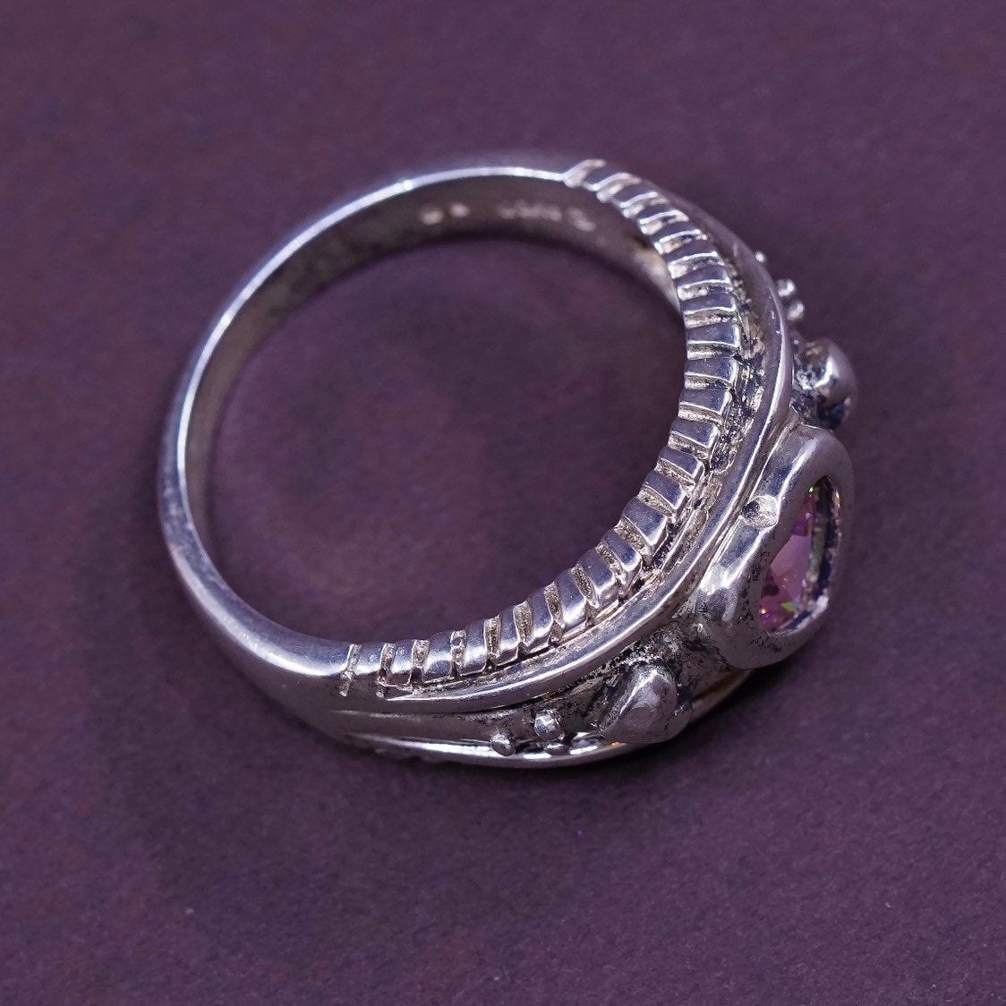 sz 10.25, vtg sterling silver handmade ring, pink crystal heart 925 band