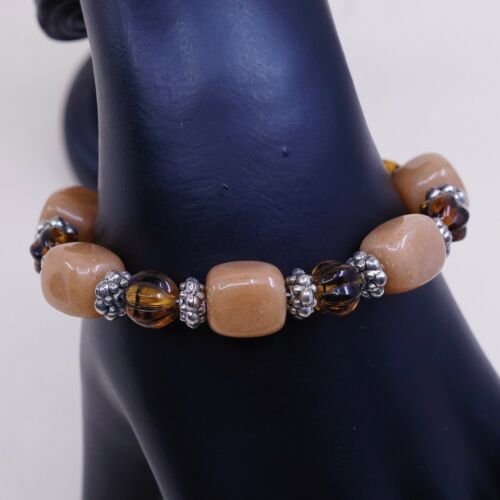 6”, Vtg Handmade Amber N Orange Gemstone Bracelet W/ Silver Tone Toggle Closure