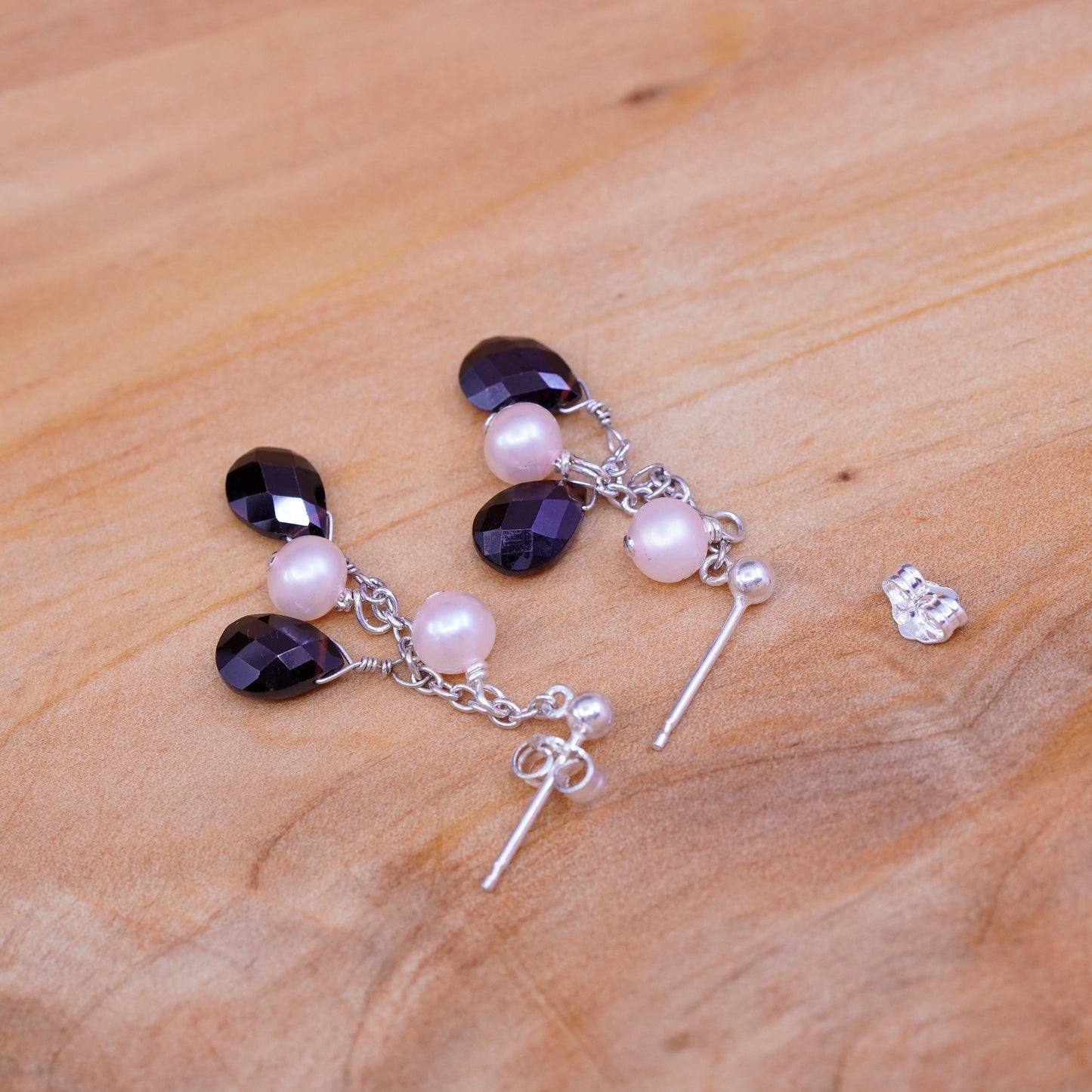 Vintage Sterling 925 silver handmade earrings w/ pearl N teardrop ruby dangles