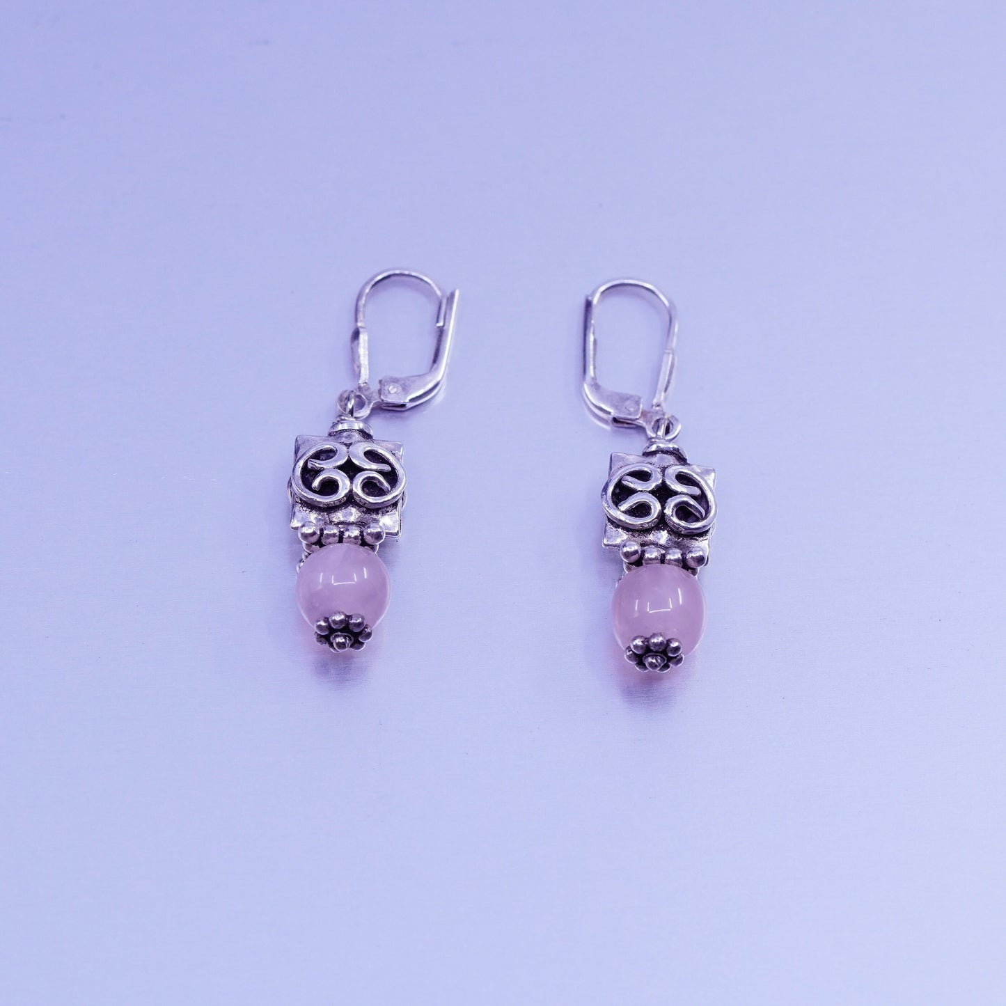 Vintage Sterling 925 silver handmade filigree earrings with pink rose quartz